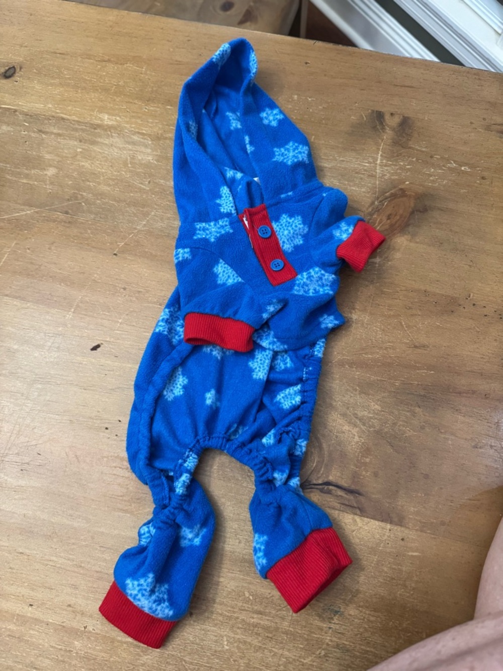 Blue Snowflake Kids One-Piece Hoodie with Red Trim